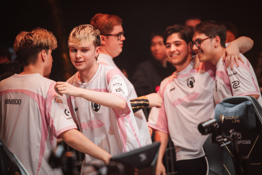 The VALORANT esports players from Team Heretics celebrate a match win at the tournament Champions 2025 in Paris — It’s a photo.