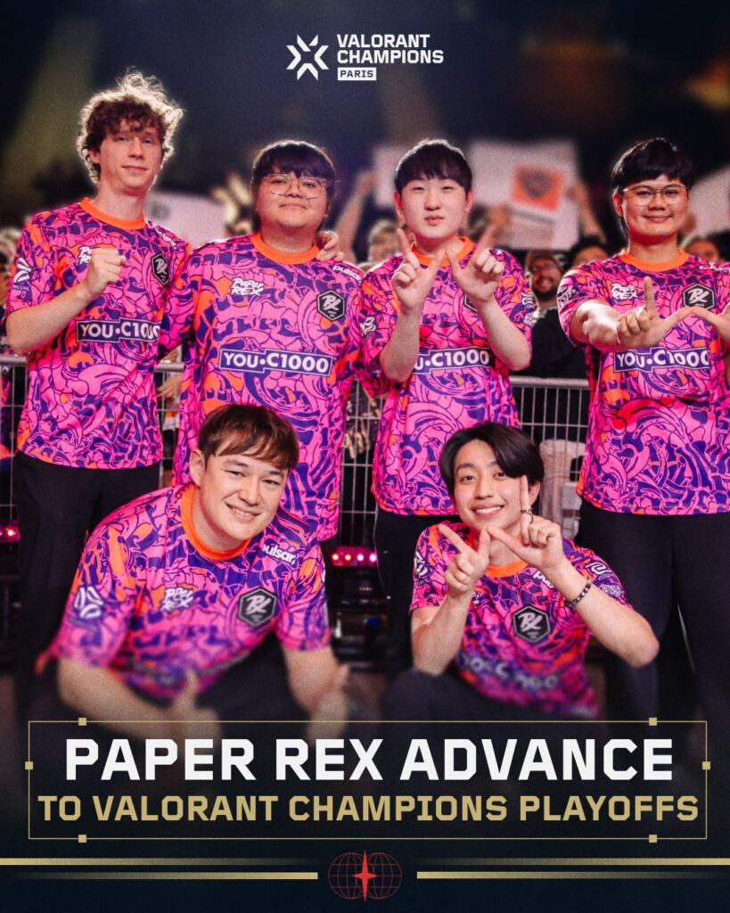 It's a poster for the esports team Paper Rex advancing to the Playoffs stage of the tournament VALORANT Champions 2025.