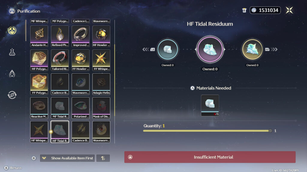 The image shows how to make HF Tidal Residuum in the Wuthering Wave Synthesizer. It’s one of the Galbrena Ascension materials in WuWa.