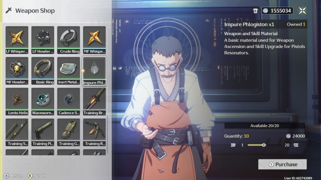 The image is a screenshot from the game Wuthering Waves - the Weapon shop, purchasing Impure Phlogiston, one of the Ascension materials for WuWa Galbrena.