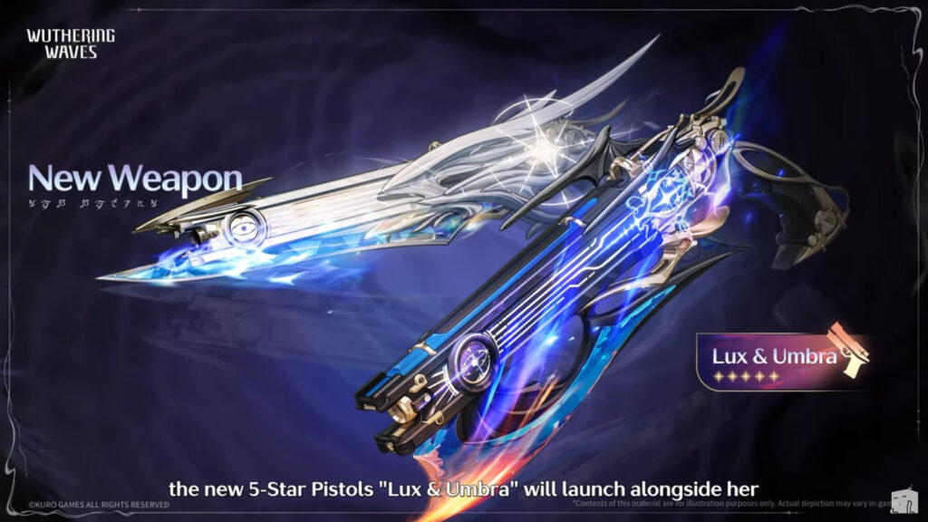 The image shows the signature weapon of Galbrena in the game Wuthering Waves - it's Lux & Umbra, a 5-star Pistol.