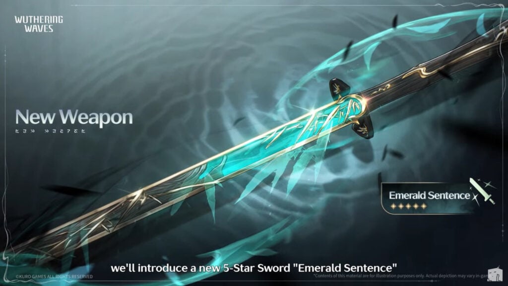 The image shows the signature weapon of Qiuyuan in the game Wuthering Waves - it's Emerald Sentence, a 5-star Sword.