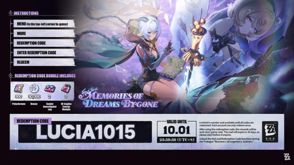 The image features a Zenless Zone Zero code to redeem valuable in-game resources. The code is from the ZZZ 2.3 stream.