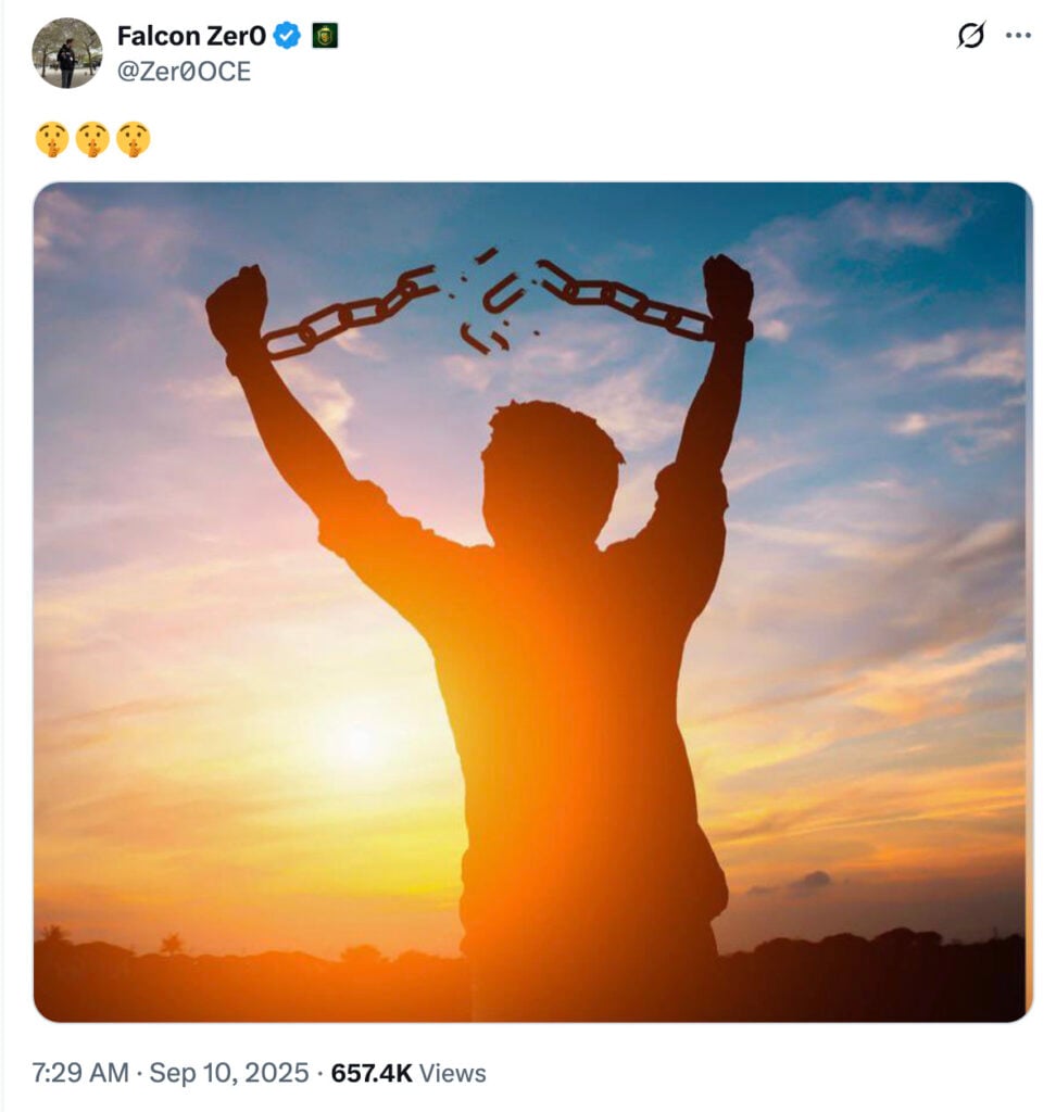 Zer0's tweet: a silhouetted figure standing against a dramatic sunset sky breaking free from the chains around his wrists