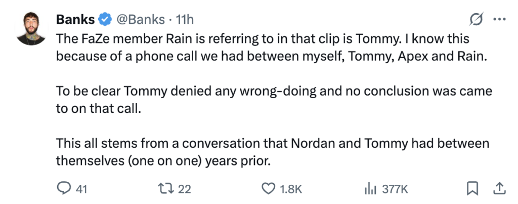 Banks on FaZe Temperrr allegations