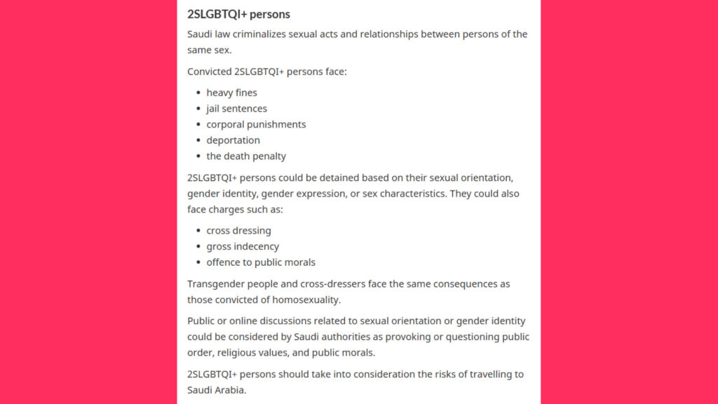 The Government of Canada on traveling to Saudi Arabia as of September 3, 2025 
