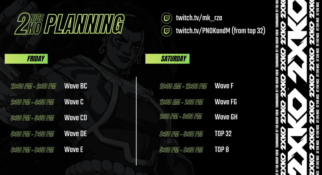 The image highlights the schedule for the 2XKO tournament at the fighting games event Evo France 2025.