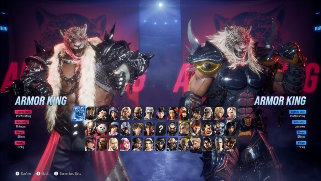 The character select screen in the fighting game TEKKEN 8 with two Armor King characters highlighted - screenshot.