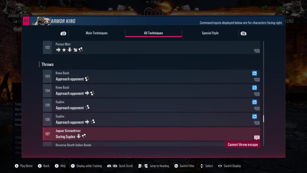 The list of throws in the game TEKKEN 8 for the character Armor King - screenshot.