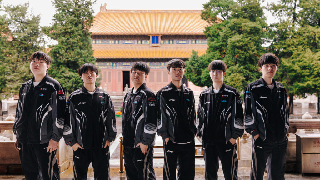 From left to right, BLG Bin, Beichuan, Shad0w, knight, Elk, and ON