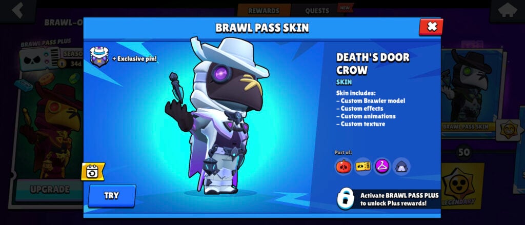 The Brawl Stars screenshot shows the Death’s Door Crow. It's a Brawl Pass Plus reward of the Halloween Brawl Pass season — Brawl-O-Ween 2025.