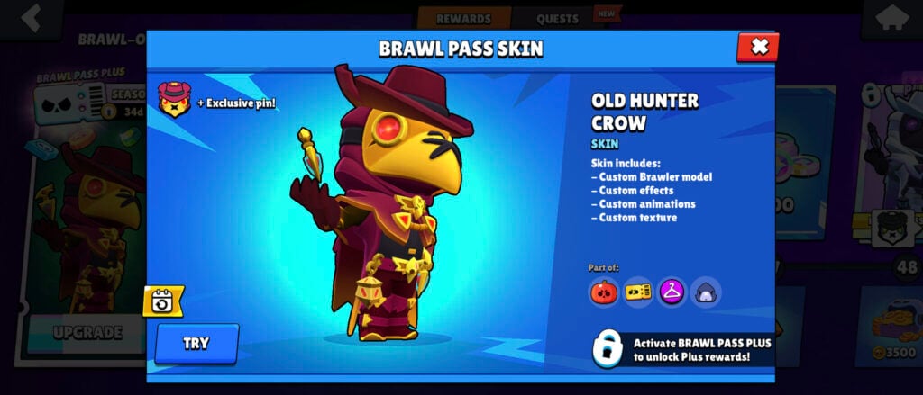 The Brawl Stars screenshot shows the Old Hunter Crow. It's a Brawl Pass Plus reward of the Halloween Brawl Pass season — Brawl-O-Ween 2025.