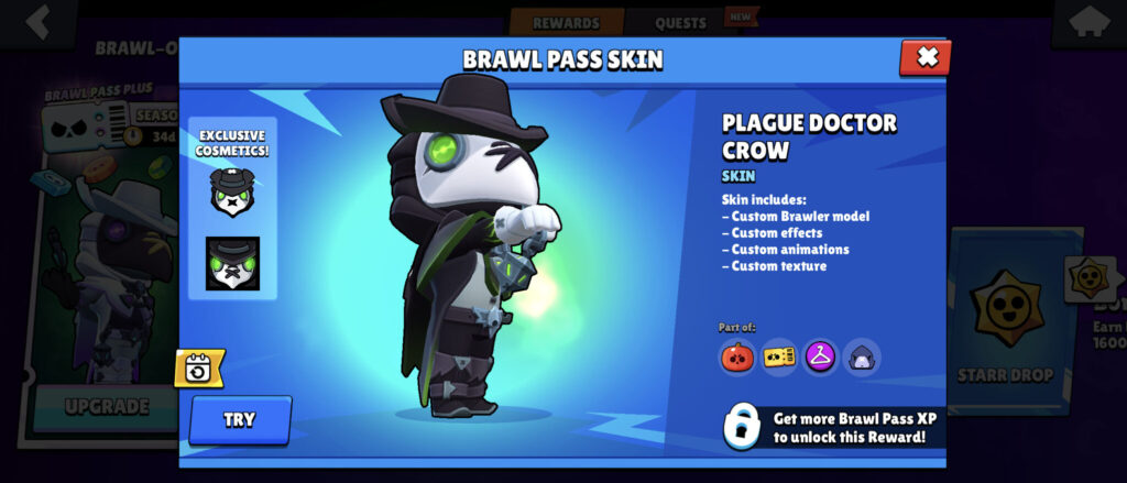 The Brawl Stars screenshot shows the Plague Doctor Crow skins. It’s the main reward of the Halloween Brawl Pass season — Brawl-O-Ween 2025.