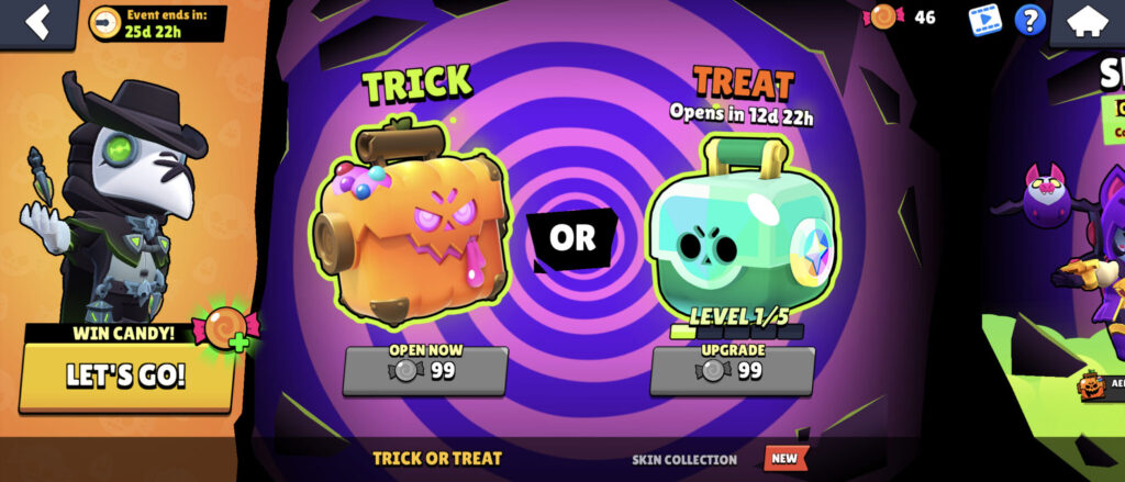 The screenshot features Halloween boxes in Brawl Stars: Trick or Treat boxes during Brawl-O-Ween.