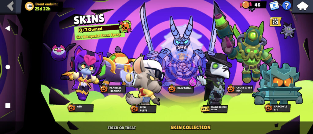 The Brawl Stars screenshot shows Halloween skins during the Brawl-O-Ween 2025 event.