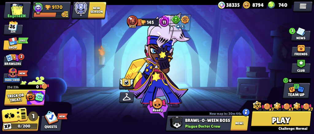 The screenshot from Brawl Stars features the game’s starting screen and Halloween candies as Brawl-O-Ween rewards for wins during Halloween.