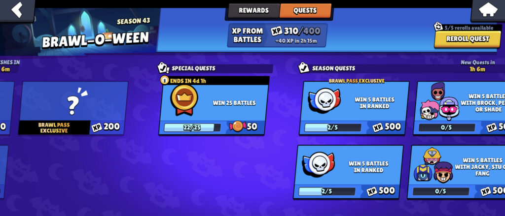 The screenshot highlights an example of a Special Candy Quest during the Brawl Stars Halloween season.