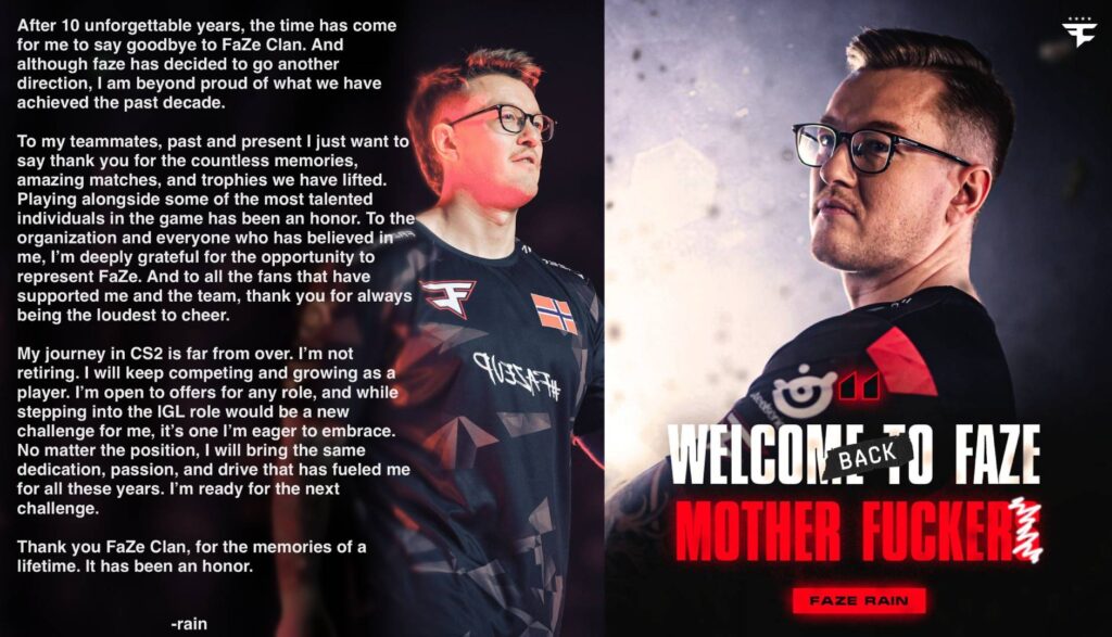 The image combines an official statement from rain and the return poster from FaZe - about benching rain and his return to FaZe Clan.