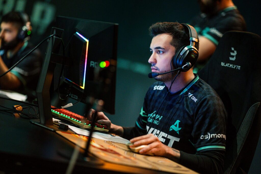 It's a photo of the CS2 esports player woxic from Aurora at the Thunderpick World Championship 2025.