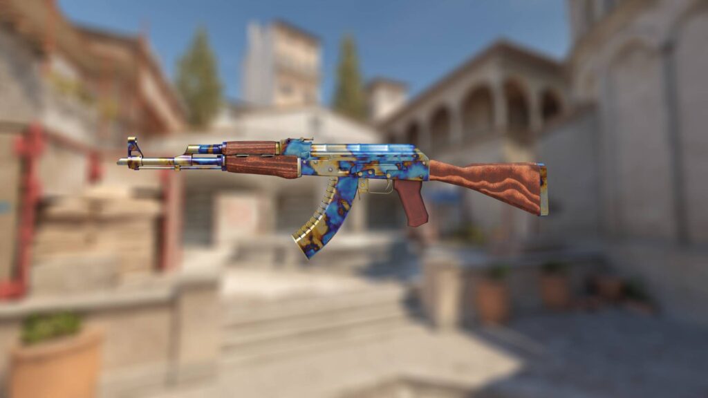 The image features the CS2 skins AK-47 | Case Hardened with its rarest Blue Gem variant.