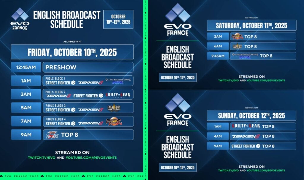 The image shows the official English stream schedule of the fighting games event Evo France 2025.