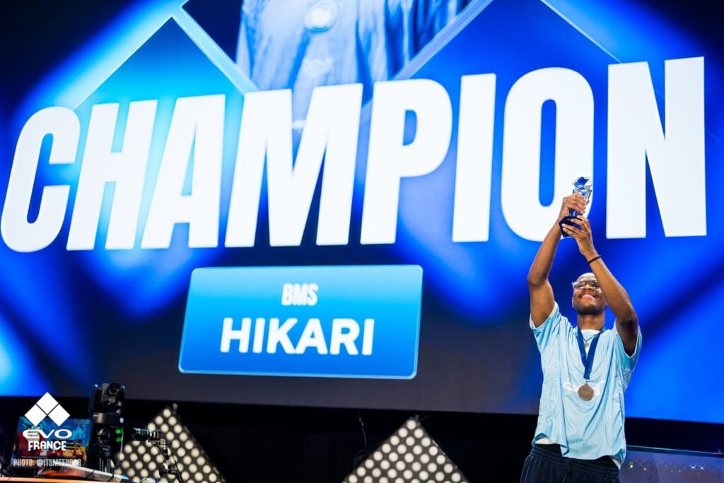 It's a photo of Hikari, the DBFZ Evo France 2025 Champion.