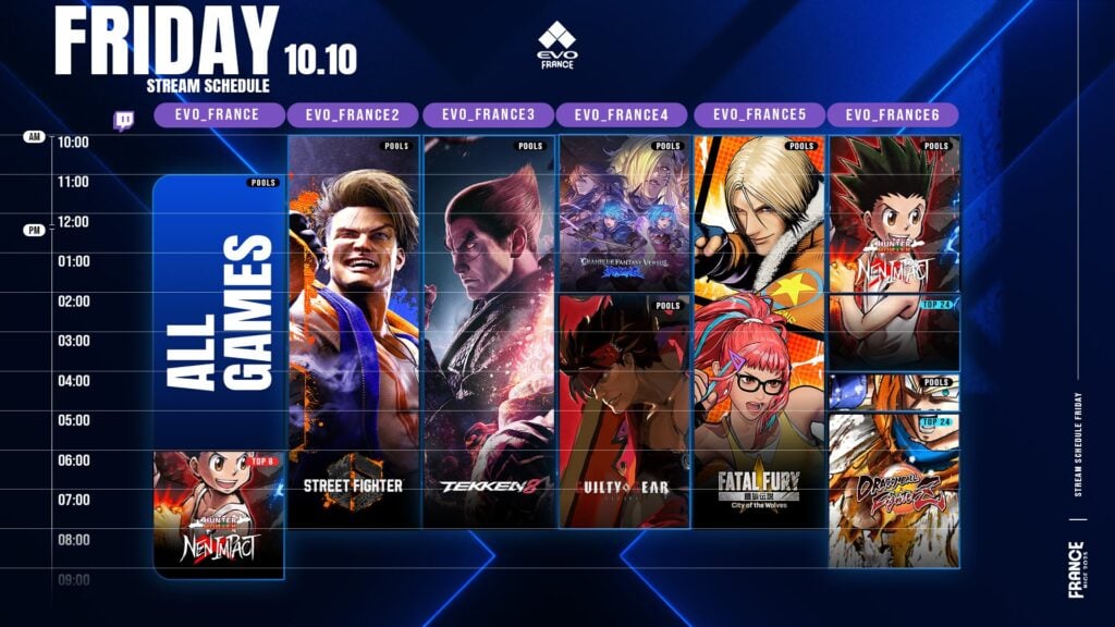 The image shows the Day 1 schedule at the fighting games event Evo France 2025.
