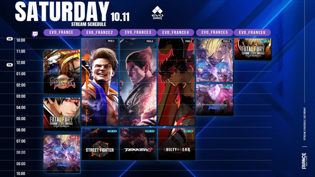 The image shows the Day 2 schedule at the fighting games event Evo France 2025.