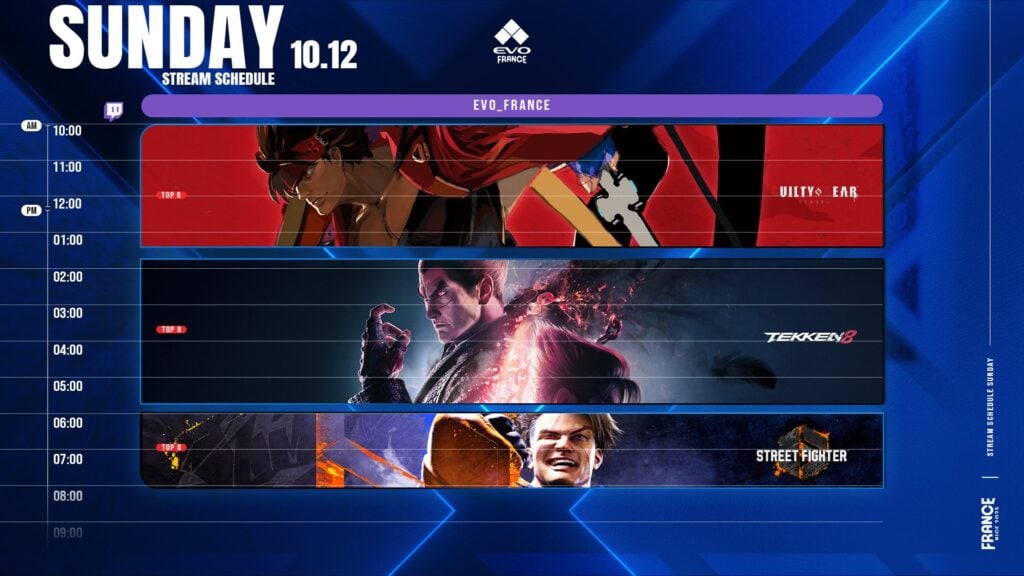 The image shows the Day 3 schedule at the fighting games event Evo France 2025.