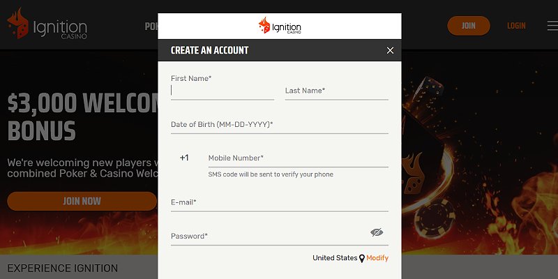 Screenshot showing the Ignition Casino registration form with fields for email, password, and personal details.