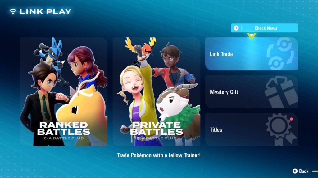 Link Play menu in Pokémon Legends Z-A, where players can evolve a Haunter by trading