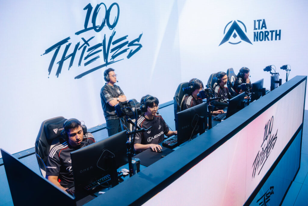 It's a photo of the League of Legends esports players from the team 100 Thieves at LoL Worlds 2025.