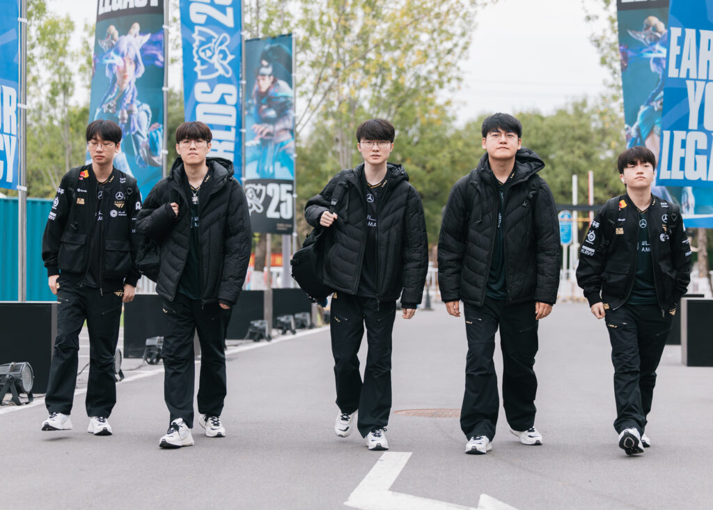 It's a photo of the League of Legends esports players from the team T1 at LoL Worlds 2025.