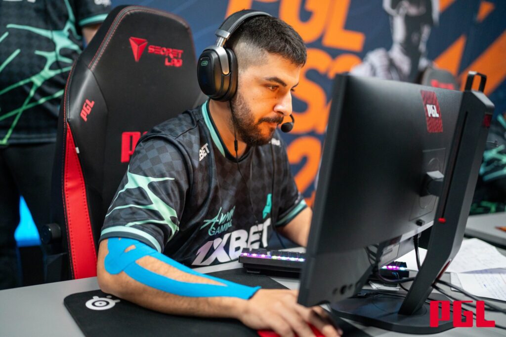 It's a photo of the CS2 esports player MAJ3R  from the team Aurora at the tournament PGL Masters Bucharest 2025.