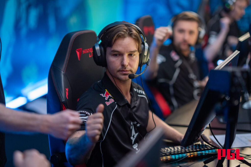 It's a photo of the Counter-Strike esports player dev1ce from the team Astralis at the tournament PGL Astana 2025.