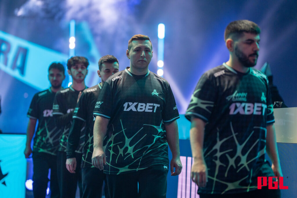It's a photo of the Counter-Strike esports players from the team Aurora at the tournament PGL Astana 2025.