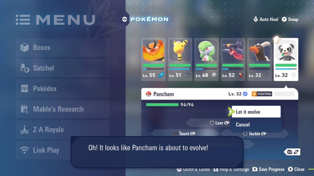 Pancham is ready to evolve in Pokémon Legends: Z-A
