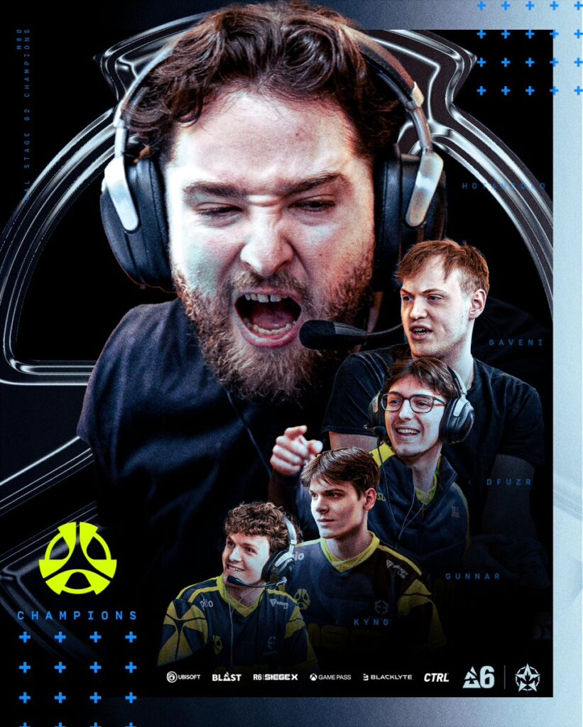 The poster highlights the R6 esports team M80 after their win at the regional North American Stage 2 2025.