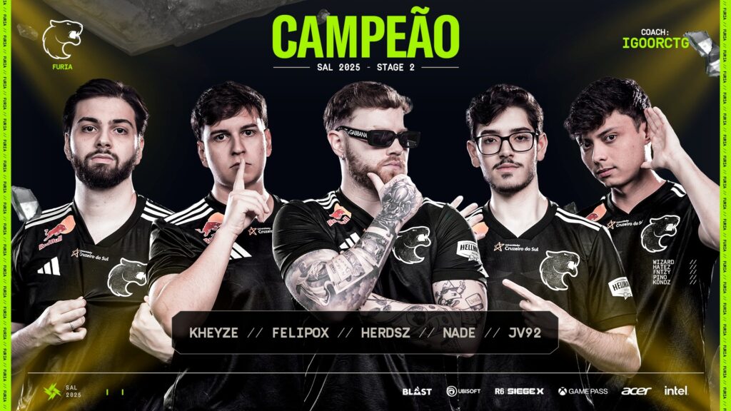 It's the official poster for FURIA winning the Rainbow Six Siege X tournament 2025 Stage 2 in South America. The image features photos of the R6 FURIA players.