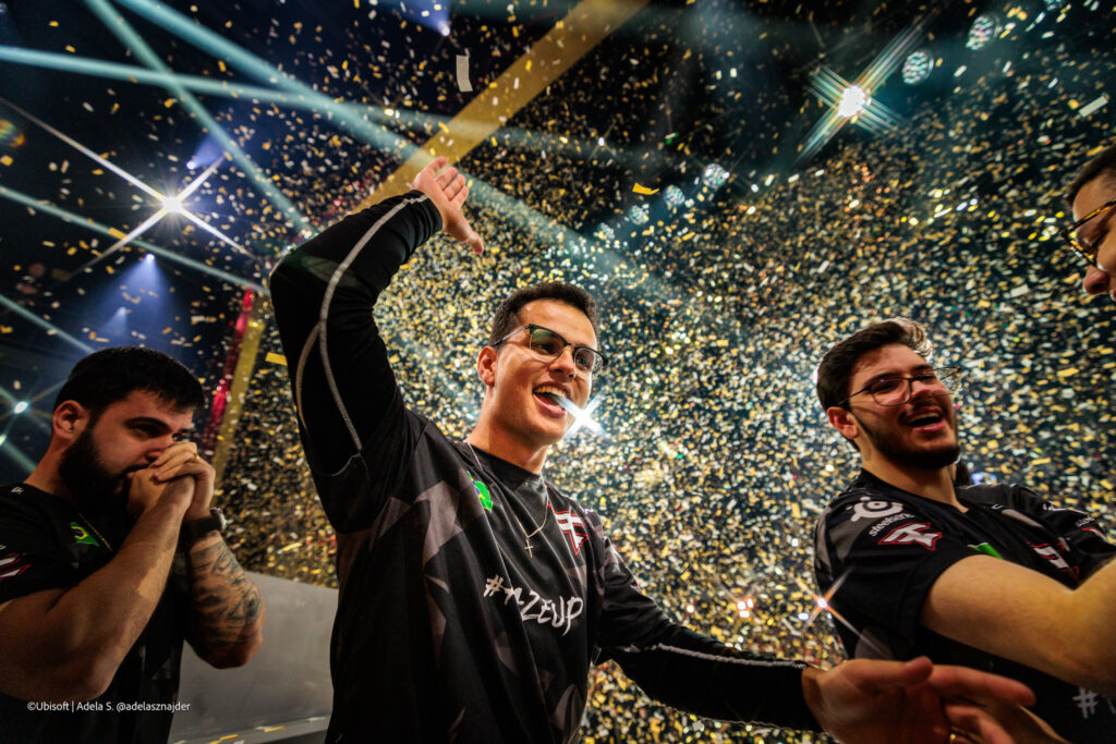 It's a photo of the Rainbow Six Siege esports team FaZe Clan after winning Six Invitationals 2025.