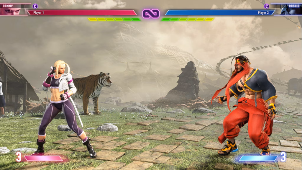 The Street Fighter 6 screenshot features a scene from a training match between the characters Cammy and Rashid. The image illustrates the SF6 tier list: A tier.