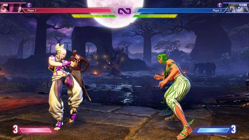 The Street Fighter 6 screenshot features a scene from a training match between the characters Juri vs Elena. The image illustrates the SF6 tier list: the mid-level B tier.