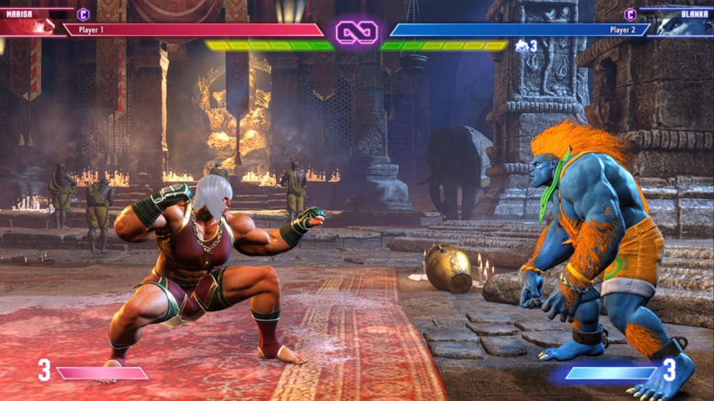 The Street Fighter 6 screenshot features a scene from a training match between the characters Marisa and Blanka. The image illustrates the SF6 tier list: the lower level, C tier.