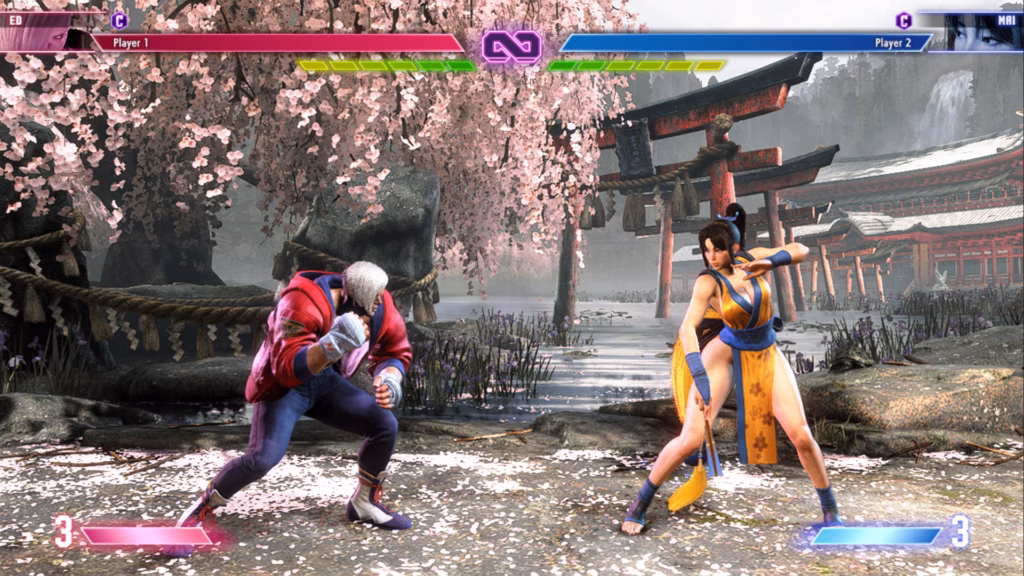 The Street Fighter 6 screenshot features a scene from a training match between the characters Ed and Mai. The image illustrates the SF6 tier list: the strongest S tier.