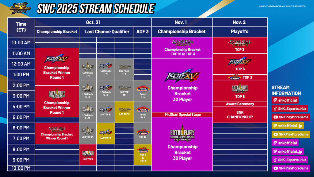 The image features the stream schedule for the fighting games esports event SNK World Championship 2025 Finals: FATAL FURY: City of the Wolves, The King of Fighters XV, and Samurai Shodown.