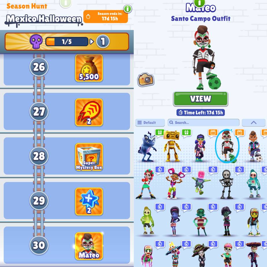 The image shows rewards and progression in the Mexico Halloween event in the mobile game Subway Surfers.