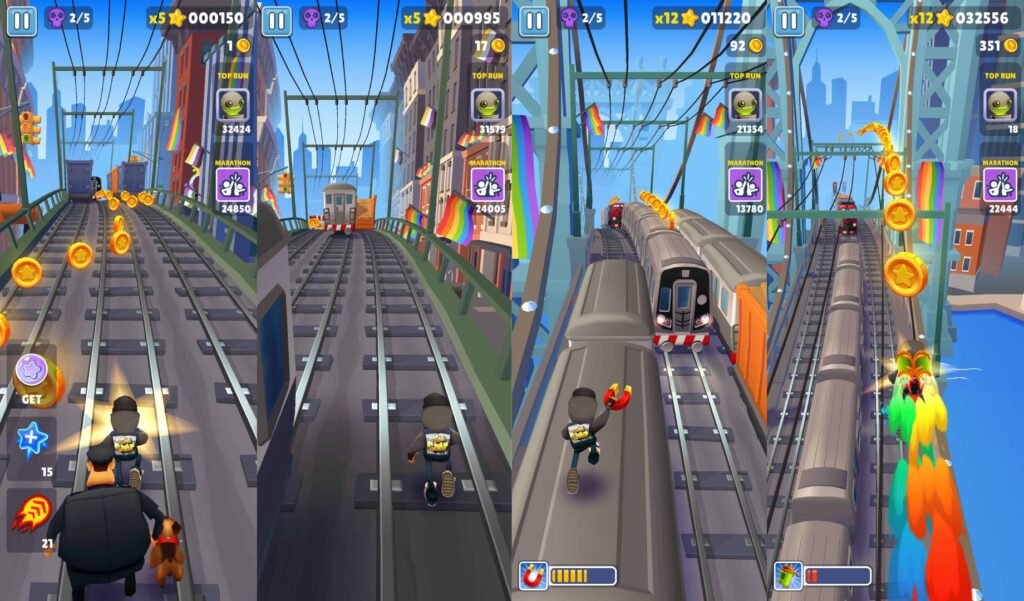 It's a collage of Subway Surfers screenshots that shows the gameplay in the Marathon move - the New York location.