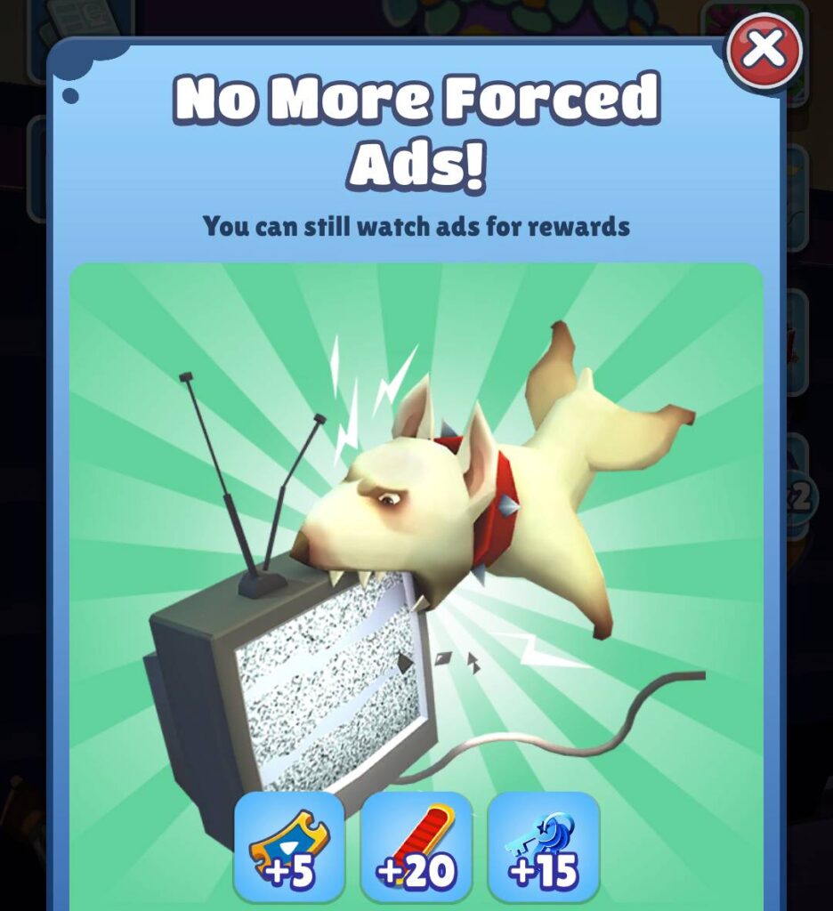 The Subway Surfers screenshots shows a "No Forced Ads" offer that can improve players' experiecne in the game.