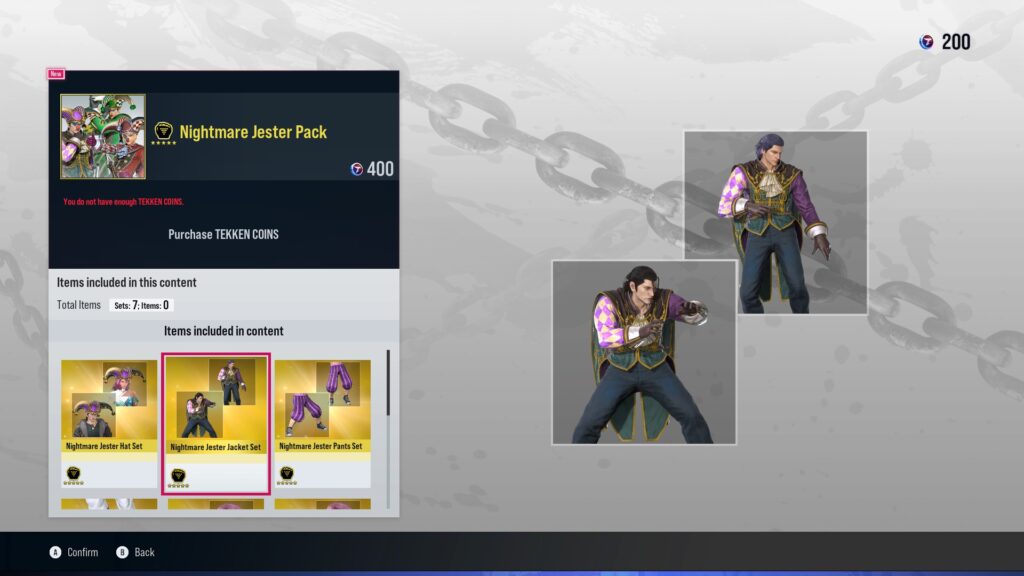 The TEKKEN 8 screenshot shows an item in the shop - Jacket in Nightmare Jester pack.