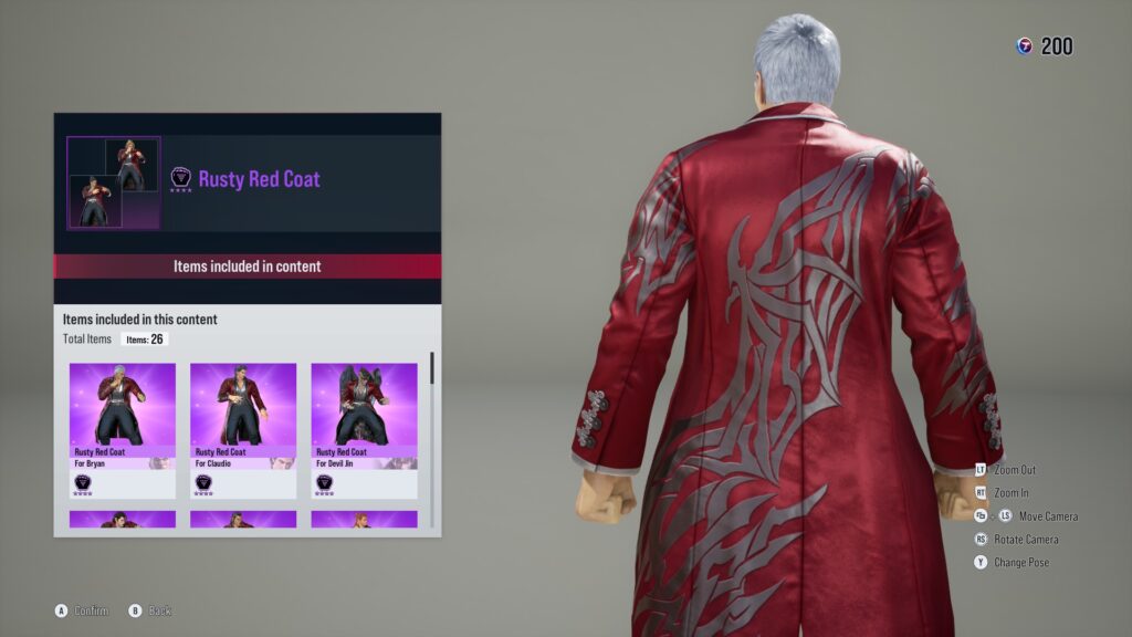 The screenshot from TEKKEN 8 shows an item from Fight Pass Round 7 - Rusty red coat.